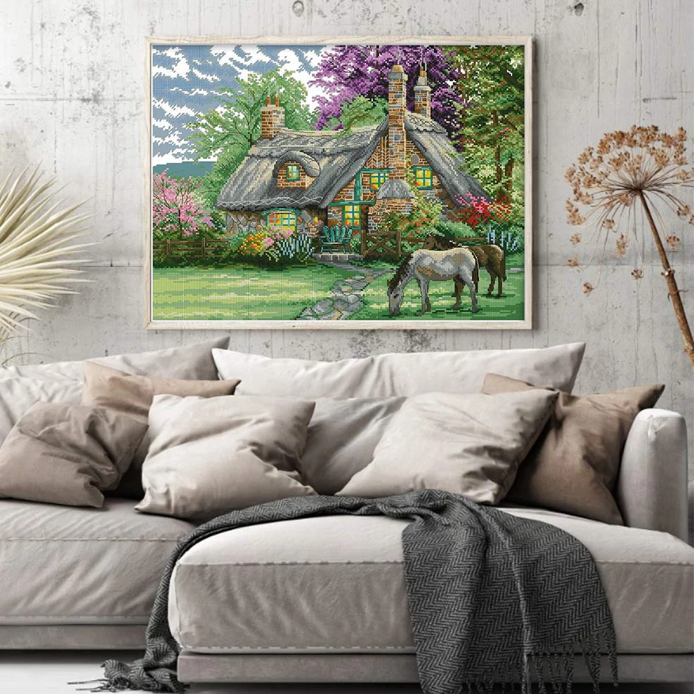 DIY Stamped Cross Stitch 14CT Partial Embroidery 46*38cm - Flower Villa