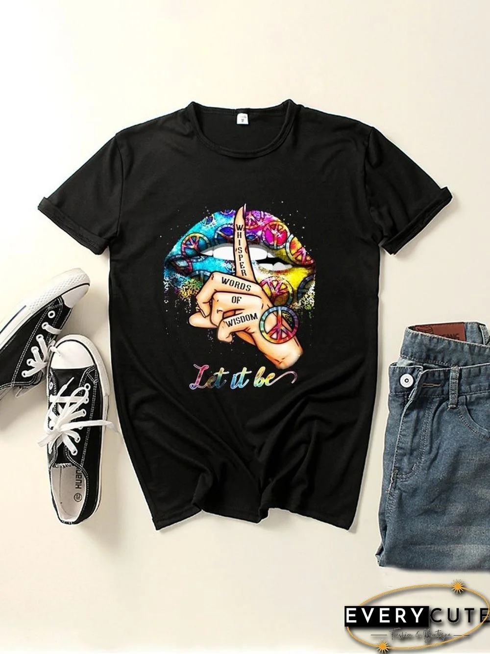 Shut Up Gesture Lips Print Round Neck Short Sleeve T-Shirt
