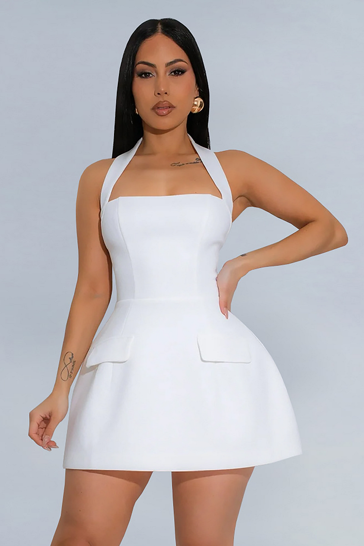 Halter Neck Cinch Waist Solid Color Cocktail Party Mini Dresses-White