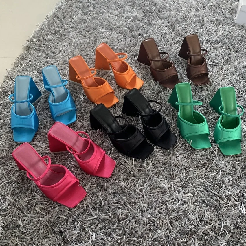 Fashion Triangle High Heels Summer Sandals Women 2022 Sexy Satin Soft Padded Party Shoes Woman Runway Back Strap Dress Sandals