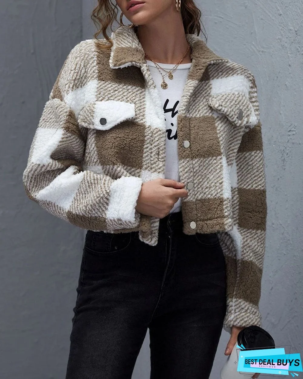 Gingham Flap Detail Button Front Teddy Shacket