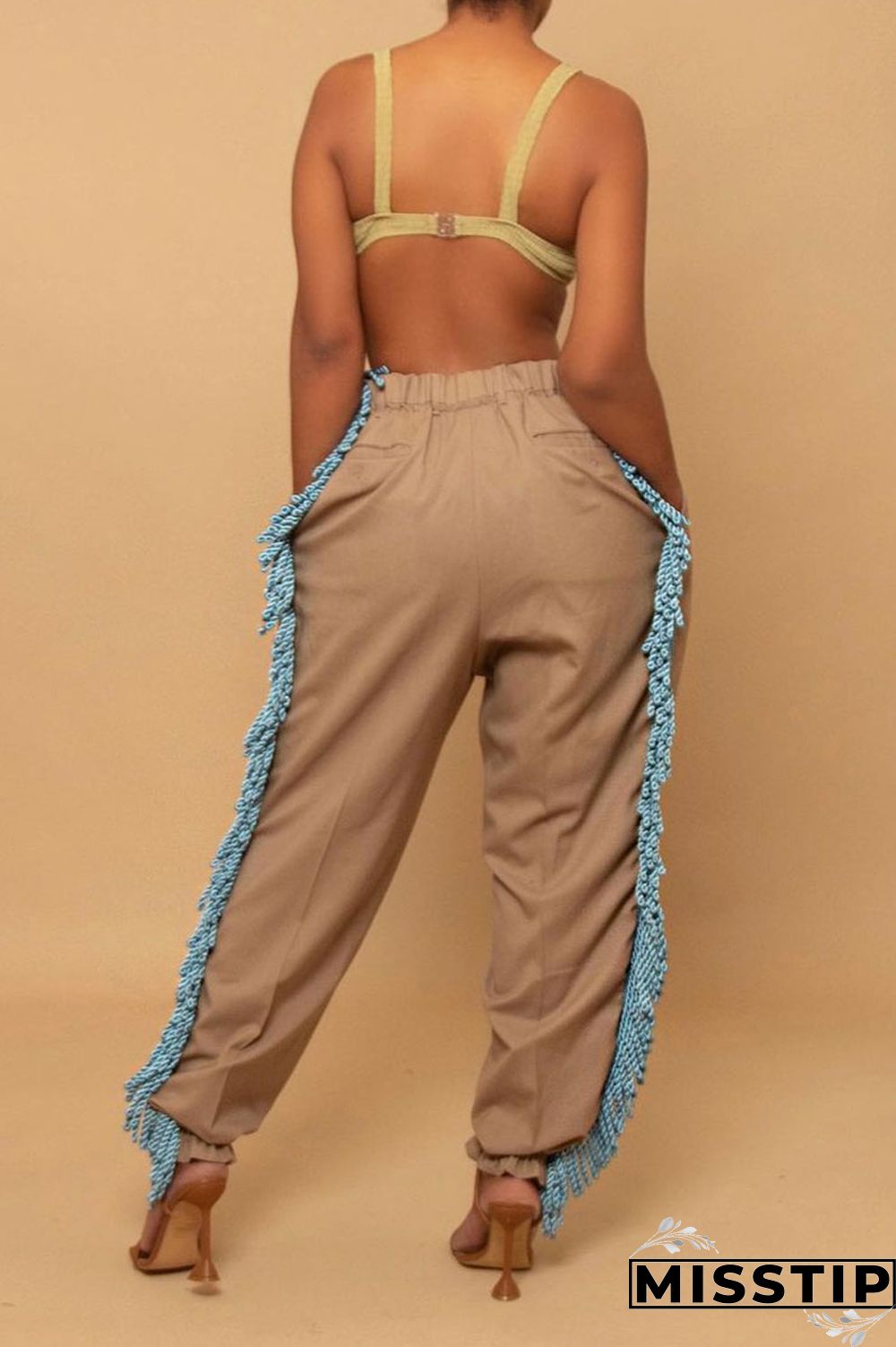 Black Casual Solid Tassel Patchwork Loose High Waist Pencil Solid Color Bottoms