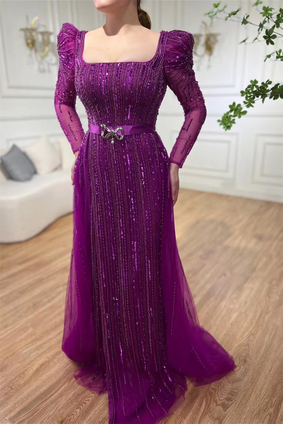 Bellasprom Square Purple Long Sleeves Evening Gown Mermaid Long With Beadings Bellasprom