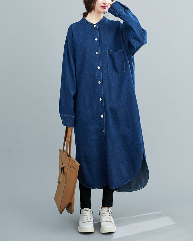 Stand Up Collar Long Sleeve Chest Pocket Loose Shirt Maxi Dress
