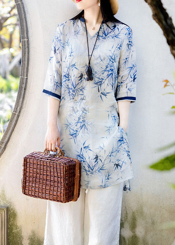 VCSHOES Blue V Neck Side Open Print Linen Shirt Top Short Sleeve