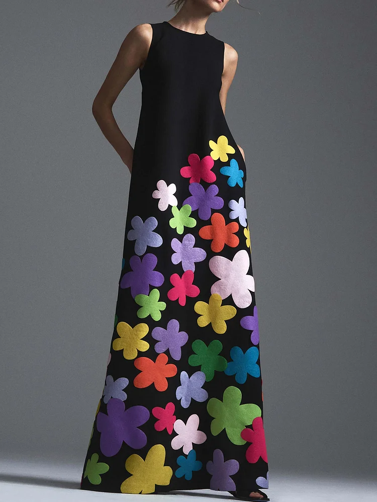 Fashion Floral Crew Neck Sleeveless Maxi Tank Dress