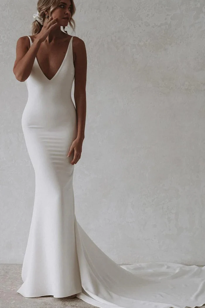 Elegant White Mermaid Deep V Neck Wedding Dress Backless Spaghetti Straps YU0053