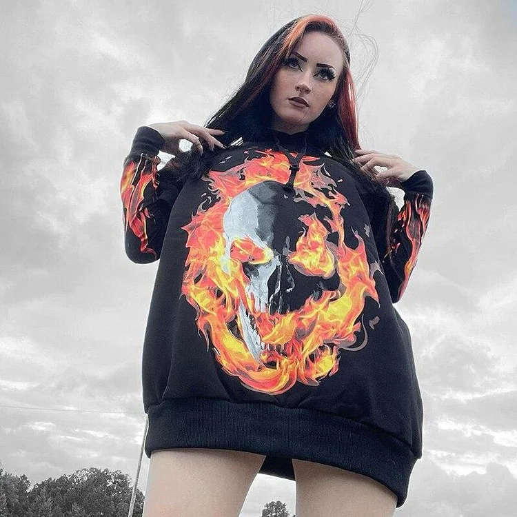 PUNK ROCK FLAME SKULL PRINTED BLACK HOODIE