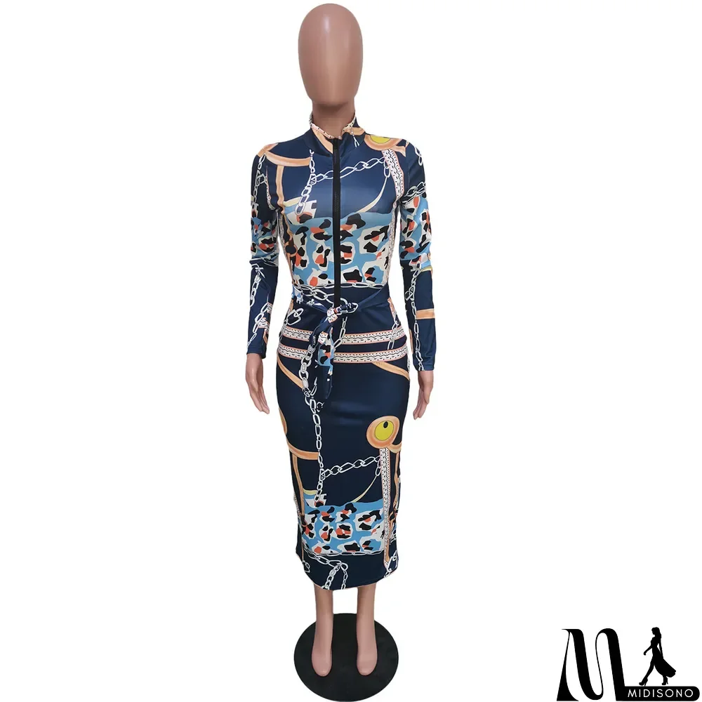 MidiSono - Women's Zip-Up Print Midi Dress (with Belt)