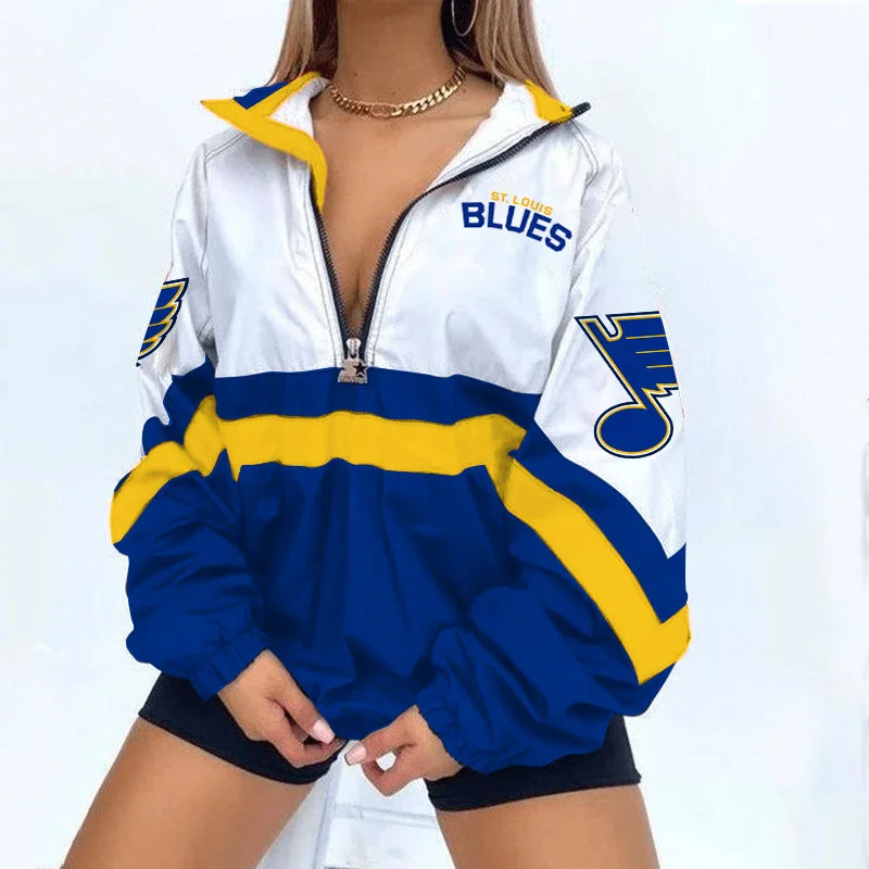 Women's Support St. Louis Blues Jackets Hockey Print V Neck Zipper Sweatshirt Jacket