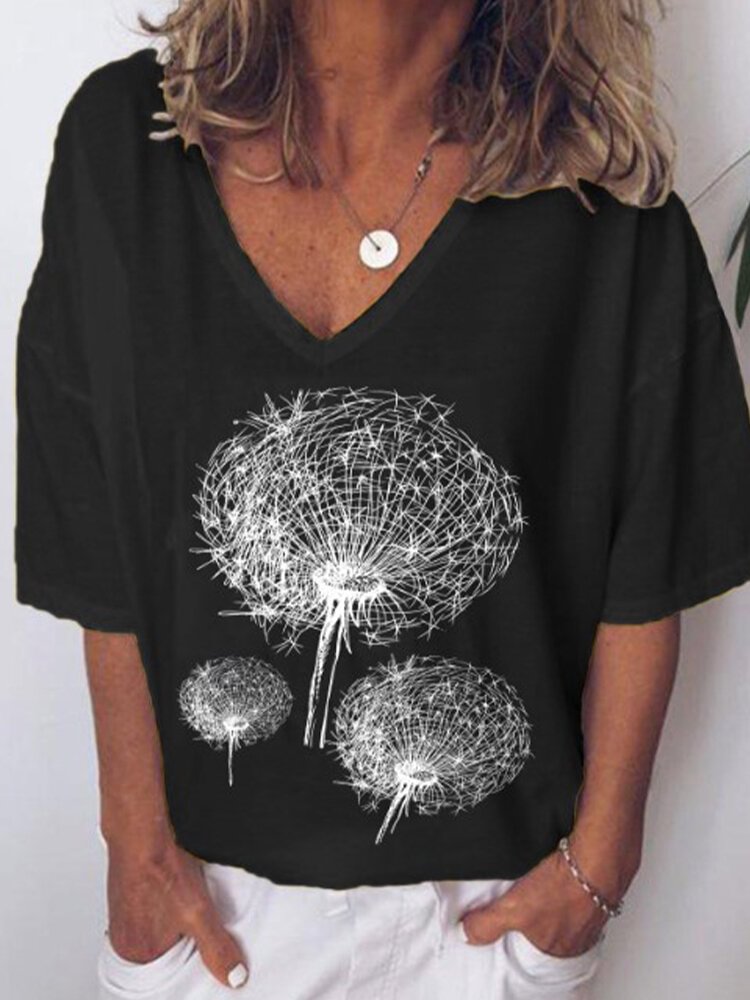 Flower Printed Short Sleeve V neck T shirt for Women P1692728