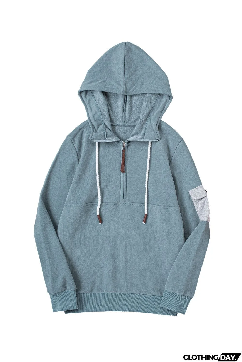 Half Zip Colorblock Pocket Patchwork Long Sleeve Hoodie