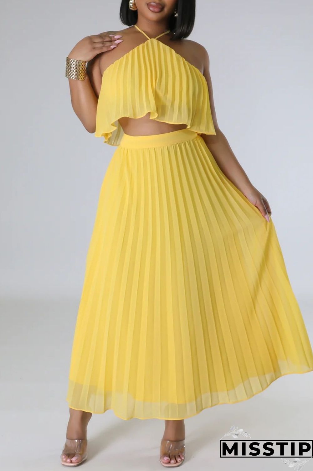 Mint green Casual Solid Bandage Backless Pleated Halter Sleeveless Two Pieces