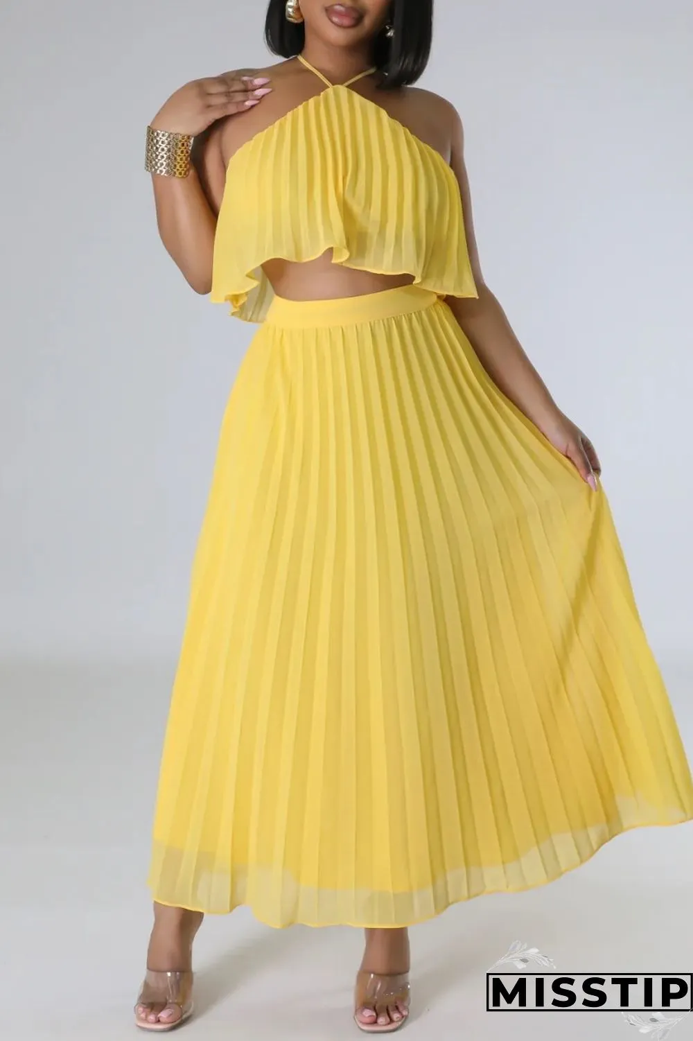 Mint green Casual Solid Bandage Backless Pleated Halter Sleeveless Two Pieces
