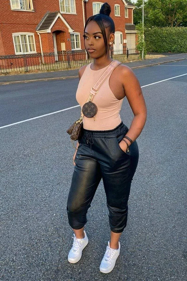 Black Faux Leather Cuffed Joggers Katch Me