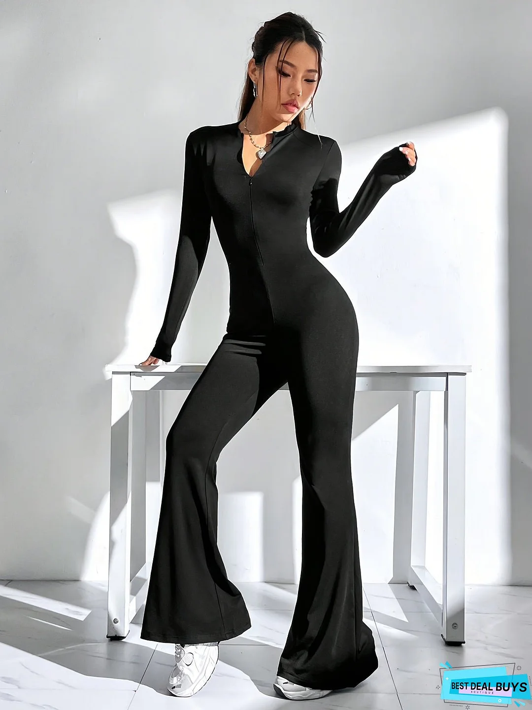 Solid Flare Leg Jumpsuit, Elegant Zip Front Long Sleeve Bodycon Jumpsuit, Women's Clothing