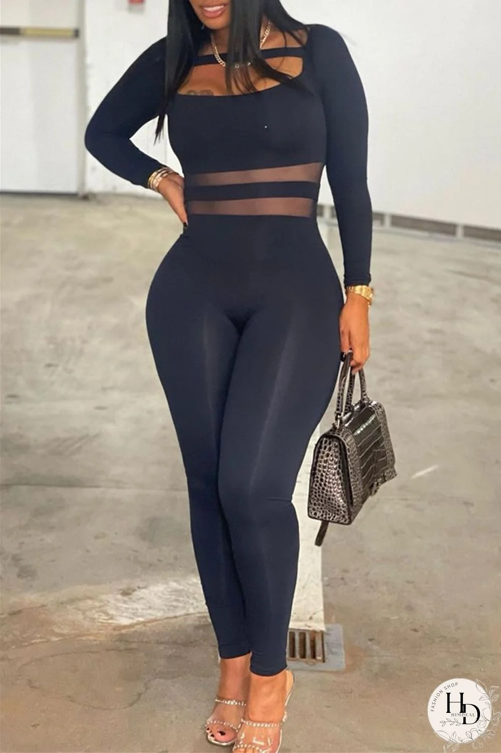 Black Fashion Casual Patchwork Solid Hollowed Out O Neck Skinny Jumpsuits