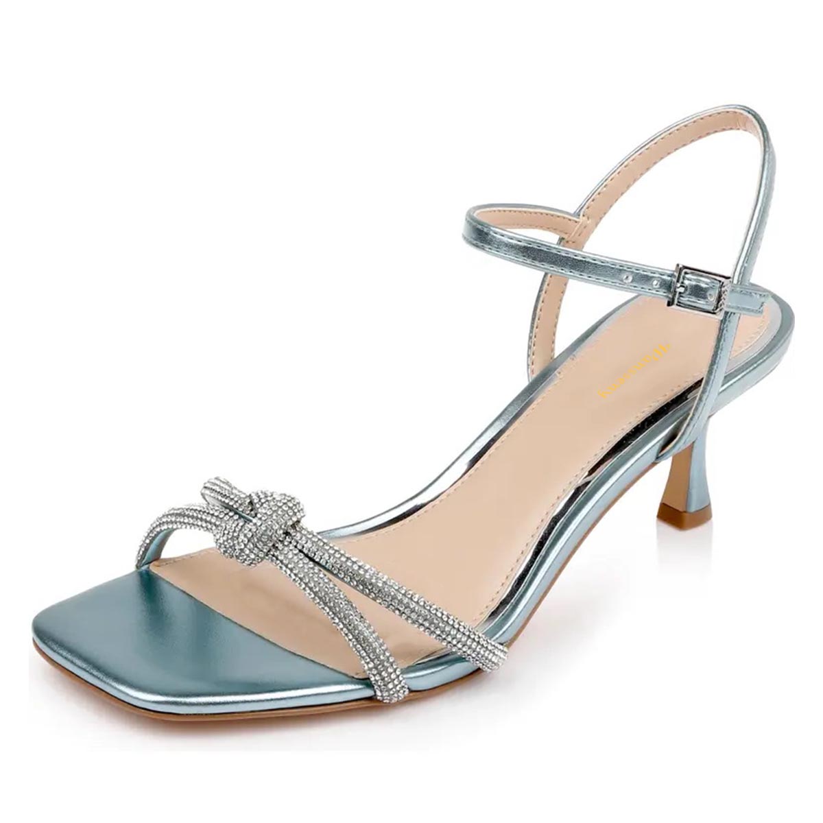 Metallic Blue Kitten Heel Knot Ankle Strap Dress Sandals for Women Nicepairs