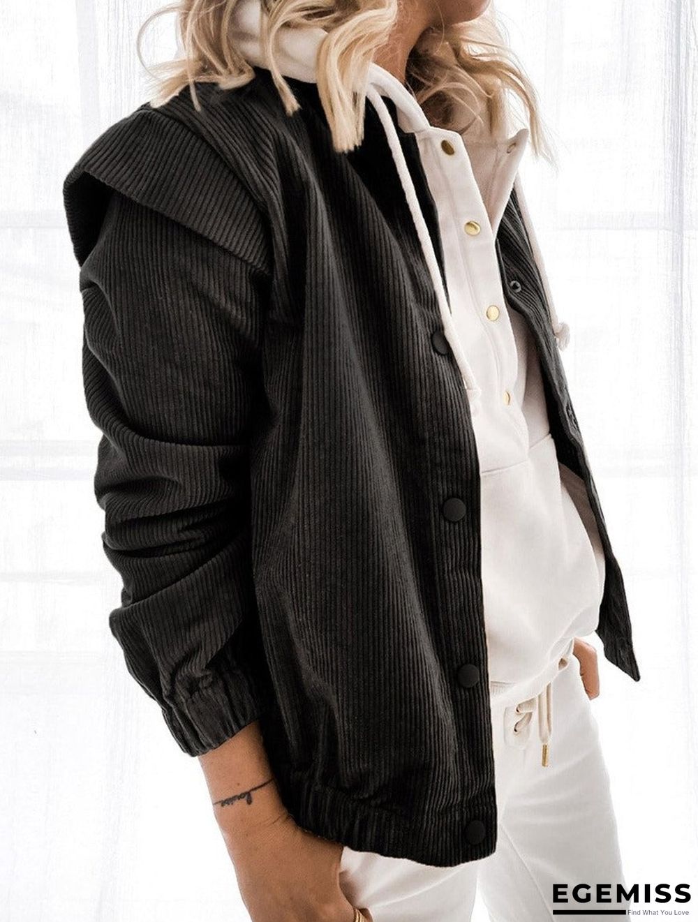 Casual Solid Color Corduroy Loose Long-sleeved Stand-up Collar Coat | EGEMISS