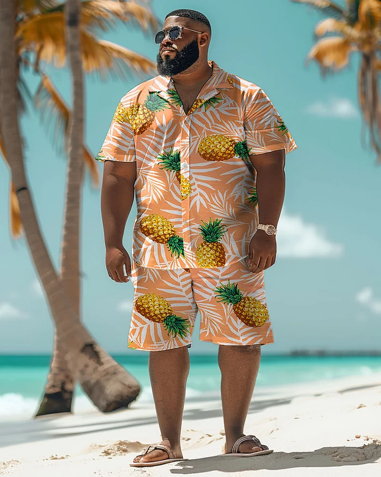 Men's Plus Size Hawaiian Palm Leaf Pineapple Print Shirt Shorts Suit