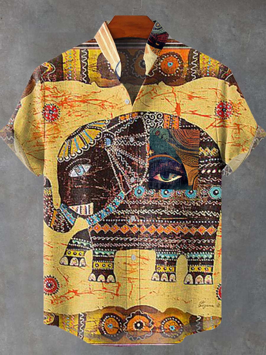Vintage Ethnic Art Elephant Vintage Print Casual 100% Cotton Shirt