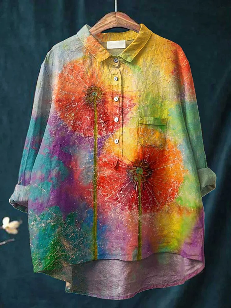 WomenS Art Poppy Flower Casual Cotton And Linen Shirt