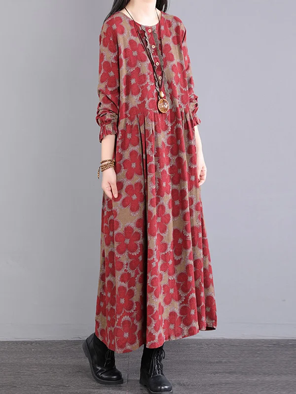 Casual Long Sleeves Loose Floral Printed Round-Neck Midi Dresses