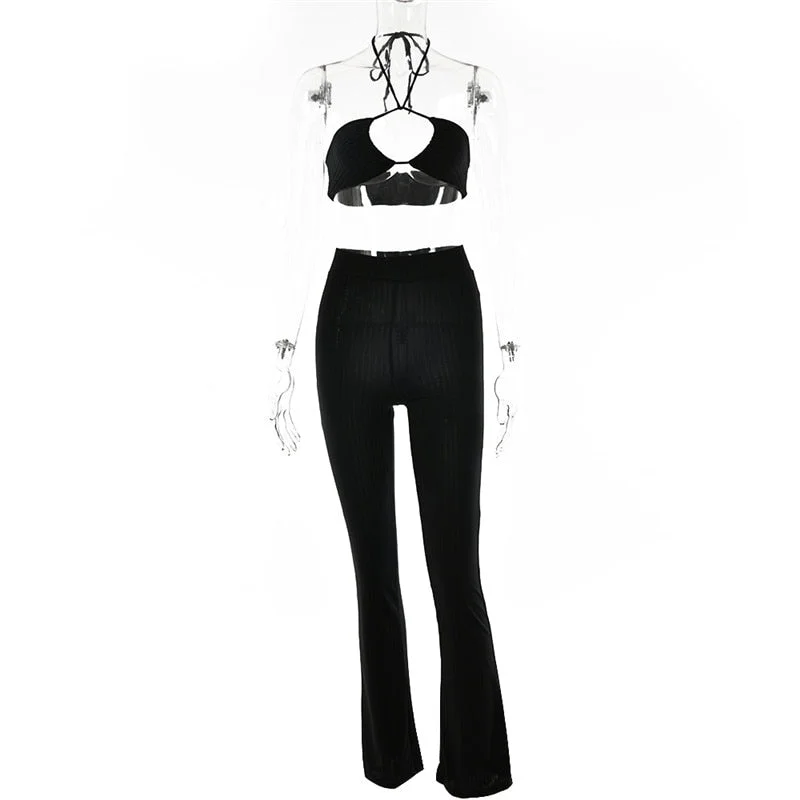 Articat Casual Backless Two Pieces Sets Women Sexy Halter Hollow Out Top Long Flare Pant Suit Party Outfits Strapless Tracksuit