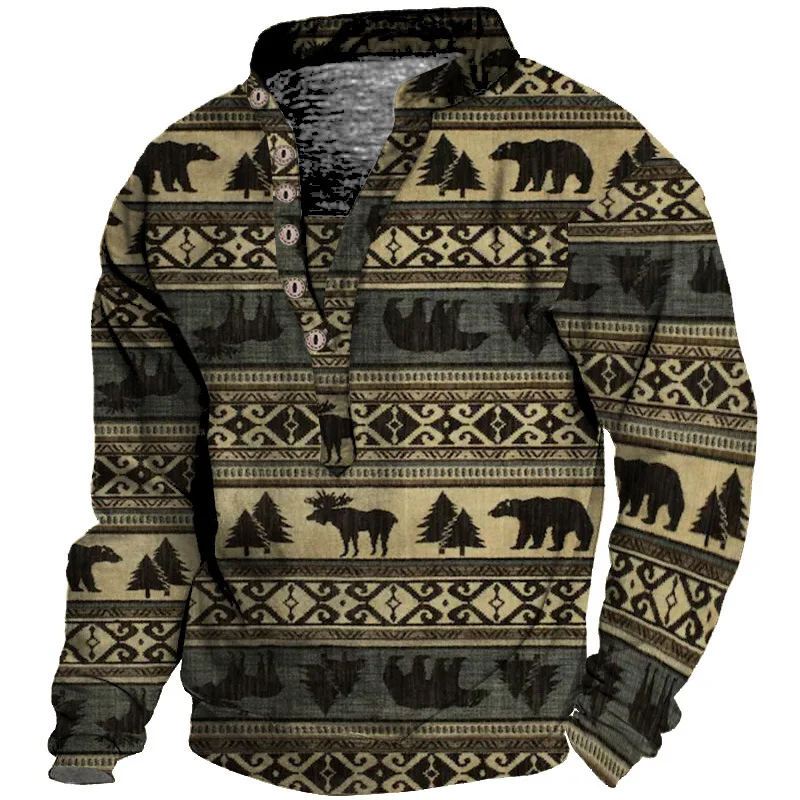 Men's Outdoor Retro Printed Long Sleeve Henley T-shirt