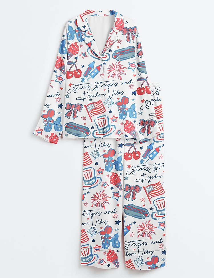 Women&rsquo;s America Stars Stipes And Freedom Vibes 4th Of July Girly Coquette America Print Long Sleeve Satin Pajama Set