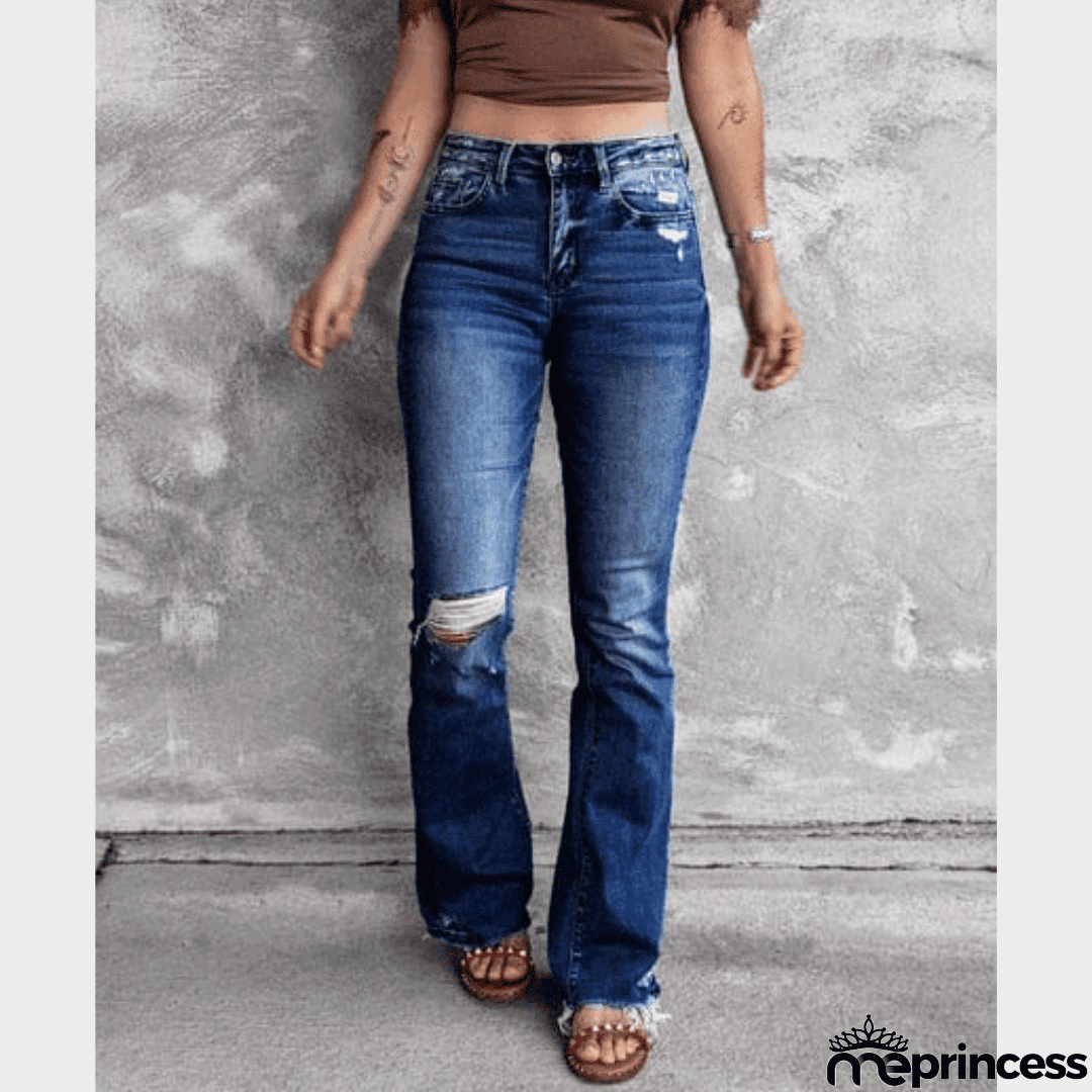 High Waist Ripped Flare Leg Denim Jeans