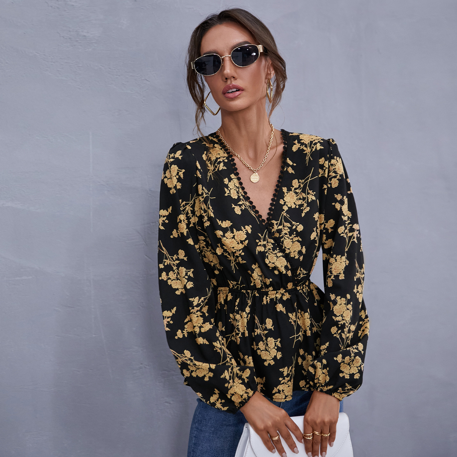 Women's Fashion V-Neck Print Tunic Long Sleeve Blouses & Shirts
