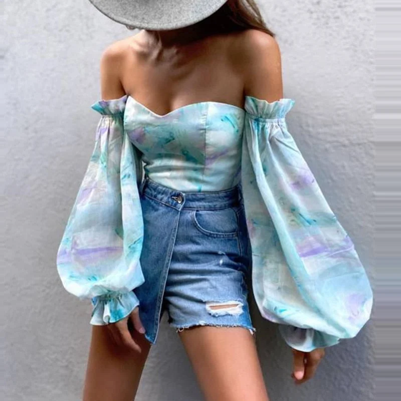 Sexy Ladies Off-shoulder Tube Top Print Chiffon Shirts Casual Spring Summer Lantern Sleeves Pullover Elegant Office Slim Blouses