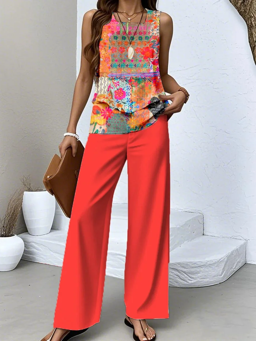 Women's Sleeveless Square Collar Graphic Printed Casual Set