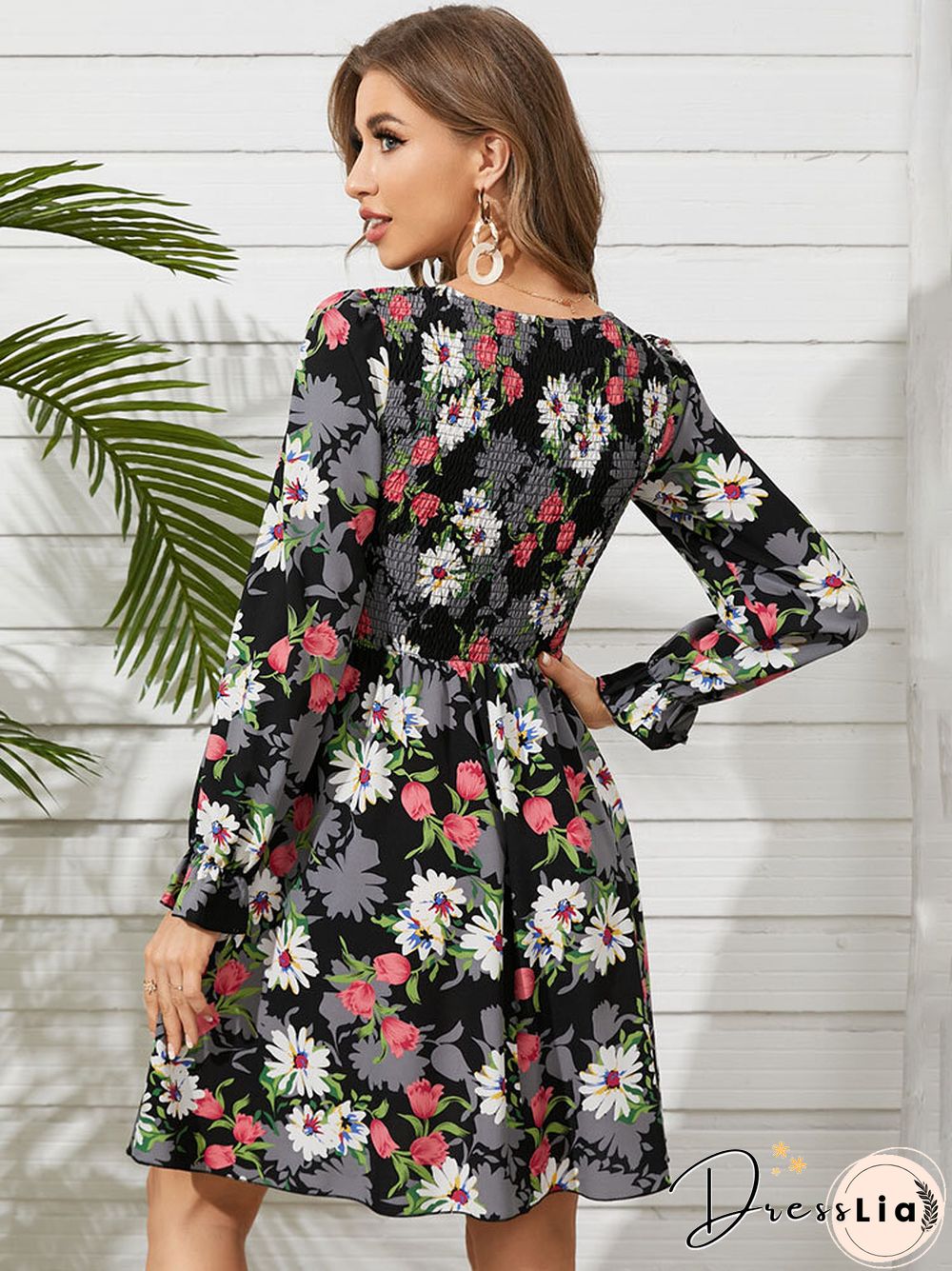 Flower Print Shirred Crew Neck Long Sleeve Dress