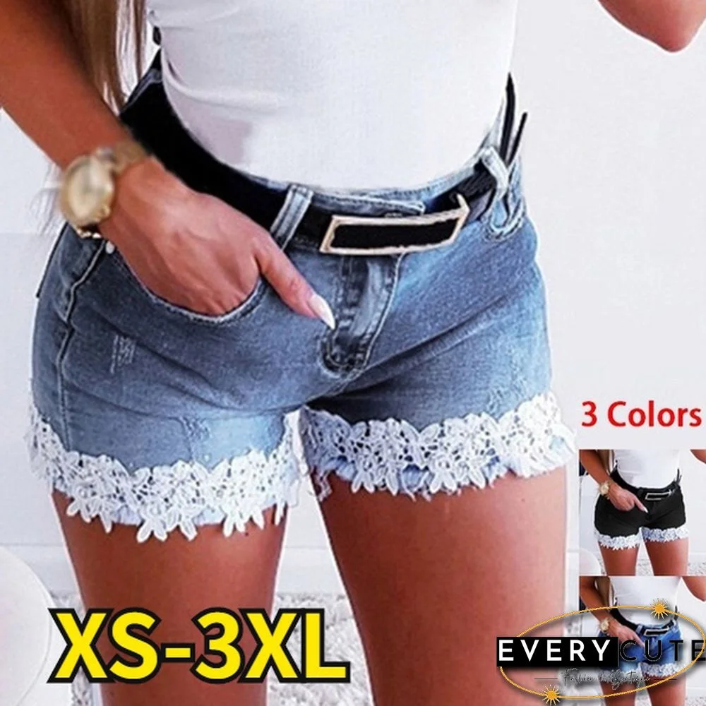 New Fashion Women Denim Shorts Stitching Lace Summer Jeans Shorts S-3XL