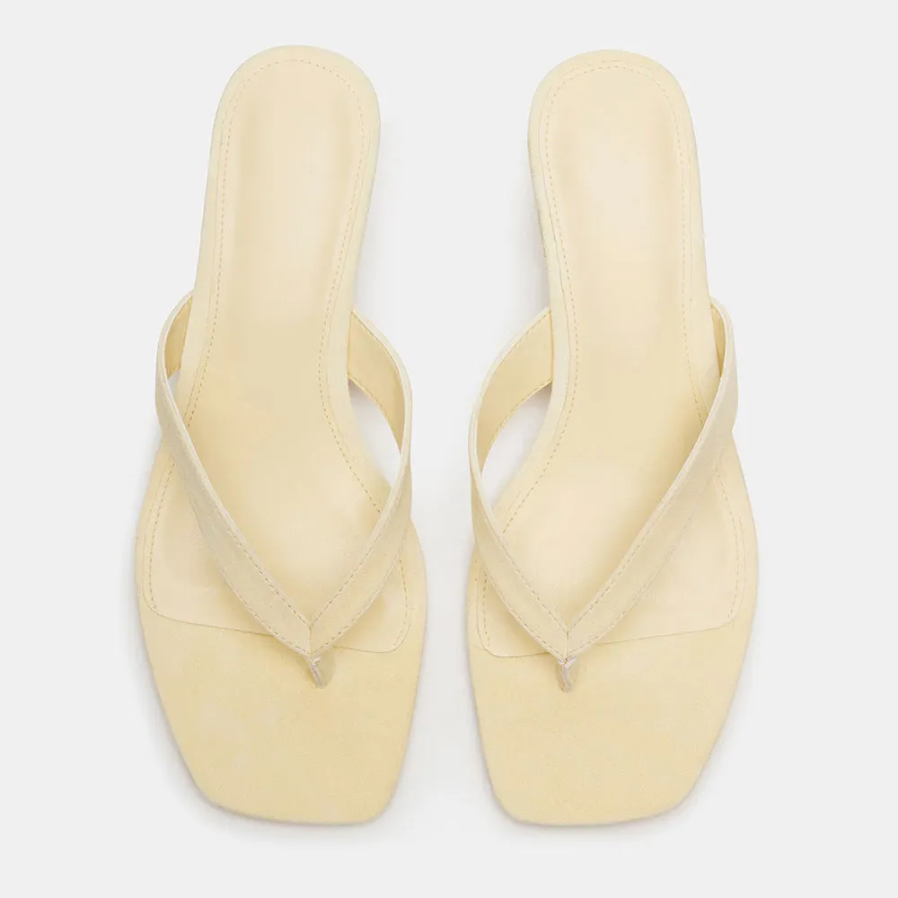 Light Yellow Vegan Suede Open Toe Slide Sandals with Kitten Heels
