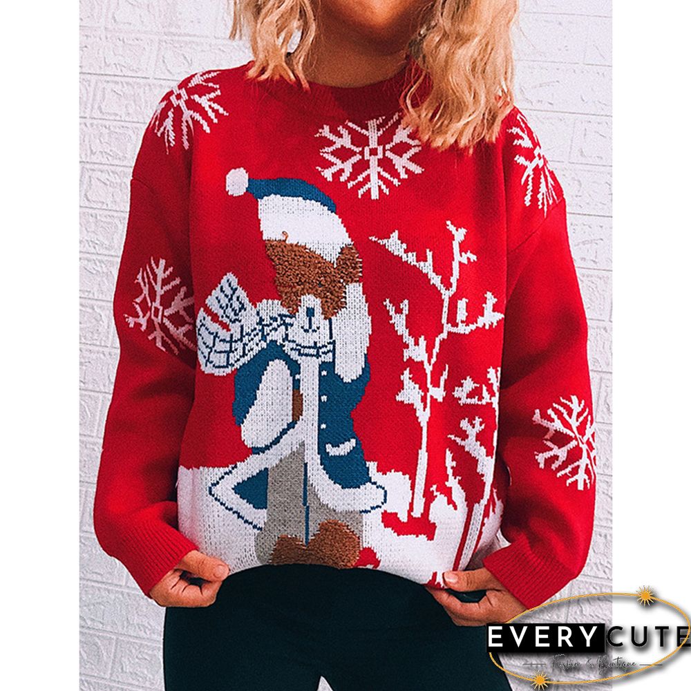 Red Snowflake Bear Crew Neck Long Sleeve Christmas Sweater