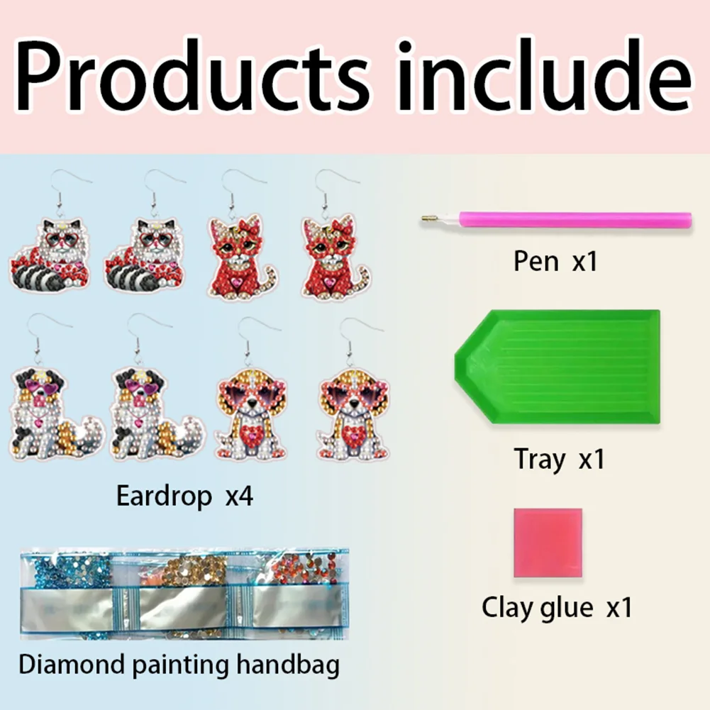 4 Pairs Double Sided Puppy DIY Diamond Painting Earrings Kit for Women Girls