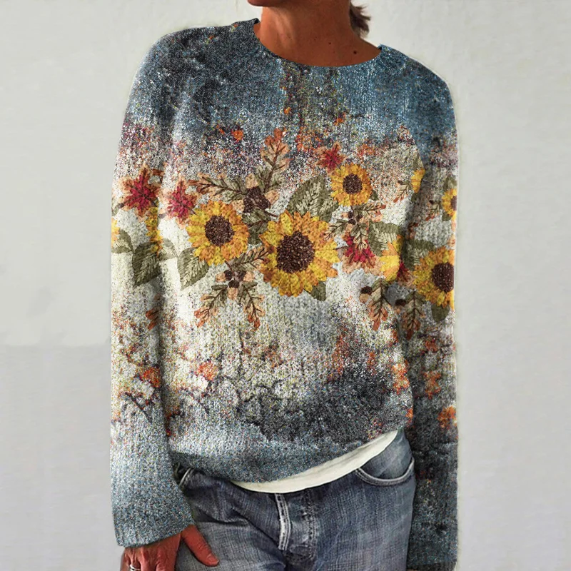 Vintage Sunflower Art Printed Knit Pullover Sweater