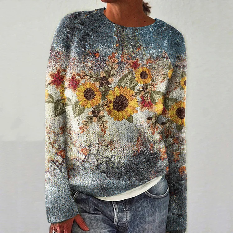 Comstylish Vintage Sunflower Art Printed Knit Pullover Sweater
