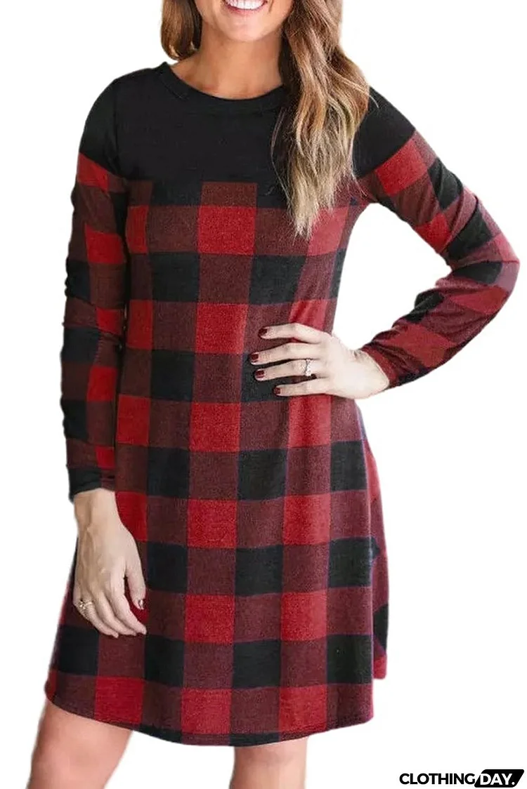 Buffalo Plaid Splicing Long Sleeve Mini Dress