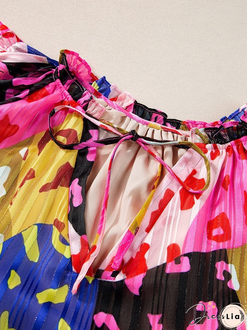 Rose Patchwork Leopard Print Ruffle Sleeve V Neck Blouse