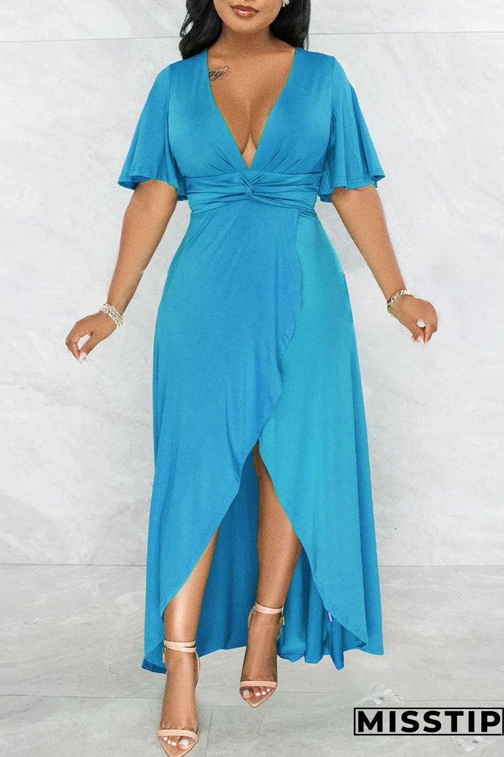 Blue Casual Solid Patchwork Asymmetrical V Neck Straight Dresses