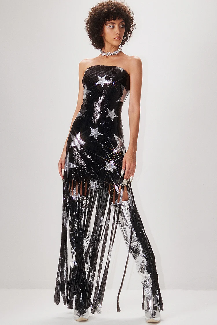 Strapless Star Sequin Fringe Maxi Dress-Black [Pre-Order]