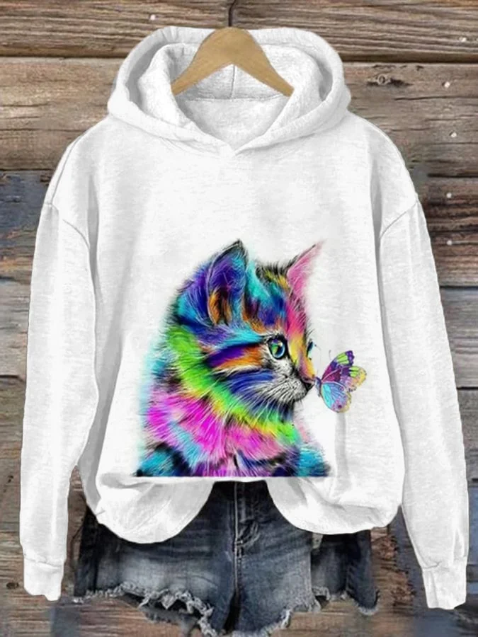 Women's Cute Cat With Butterfly Print Casual Hooded socialshop