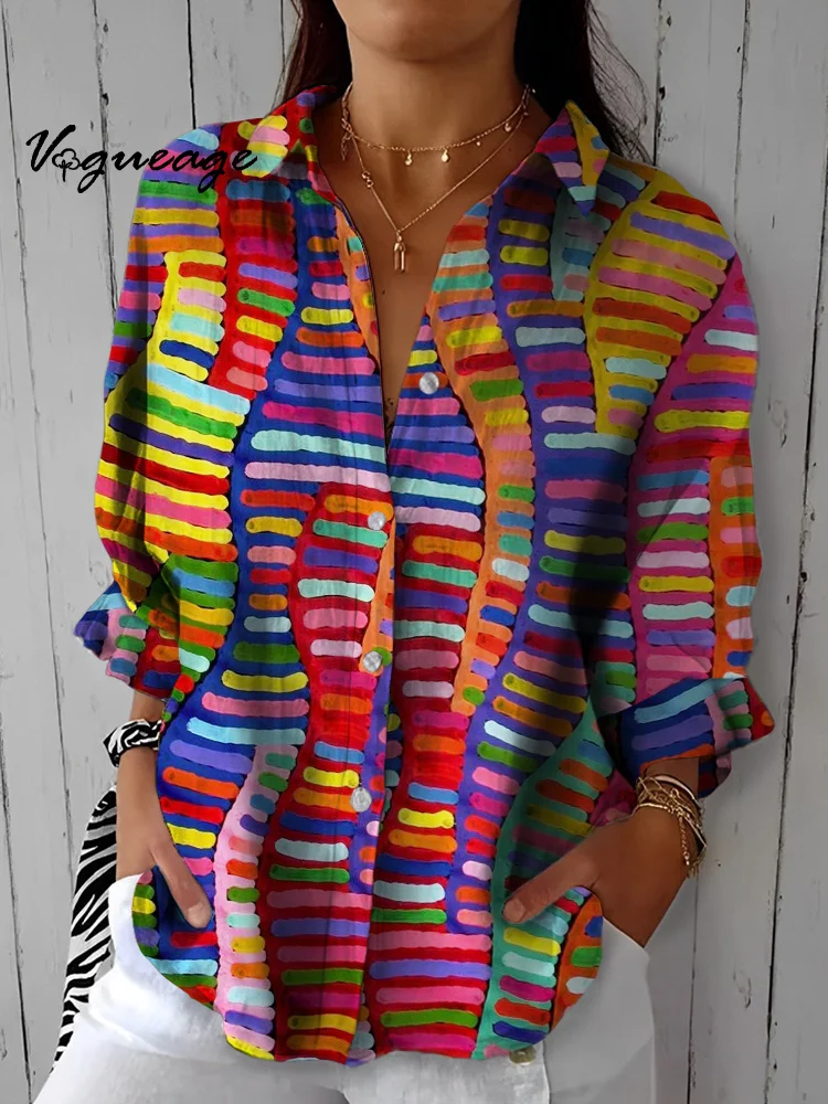 Fashionable Line Stitching Printed Three-Quarter Sleeves Cotton And Linen Shirt