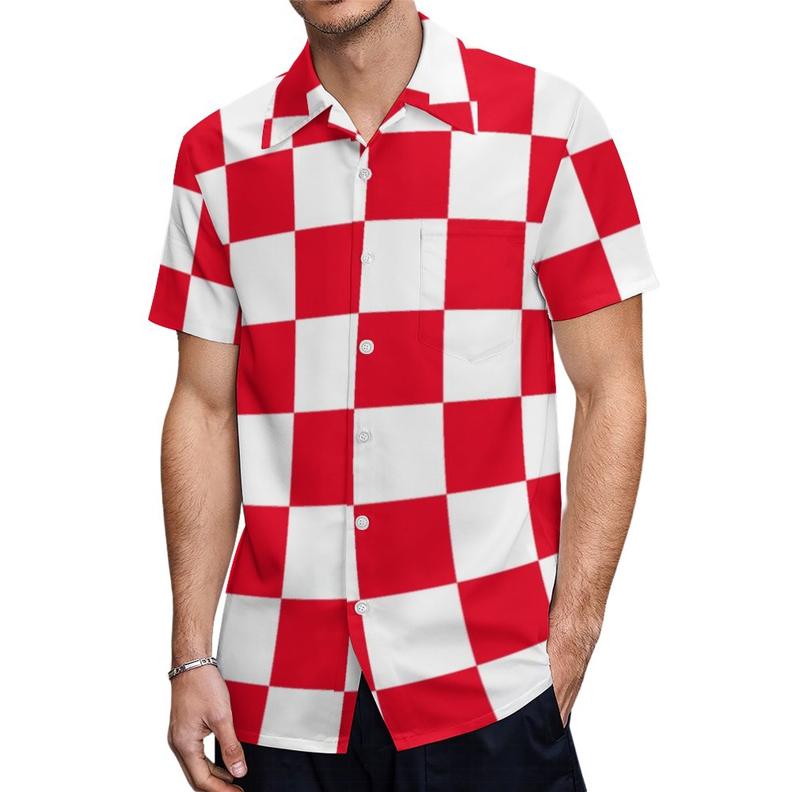 Modern Croatian Geometric Red Checkered Hawaiian Shirt Mens Button Down Plus Size Tropical Hawaii Beach Shirts