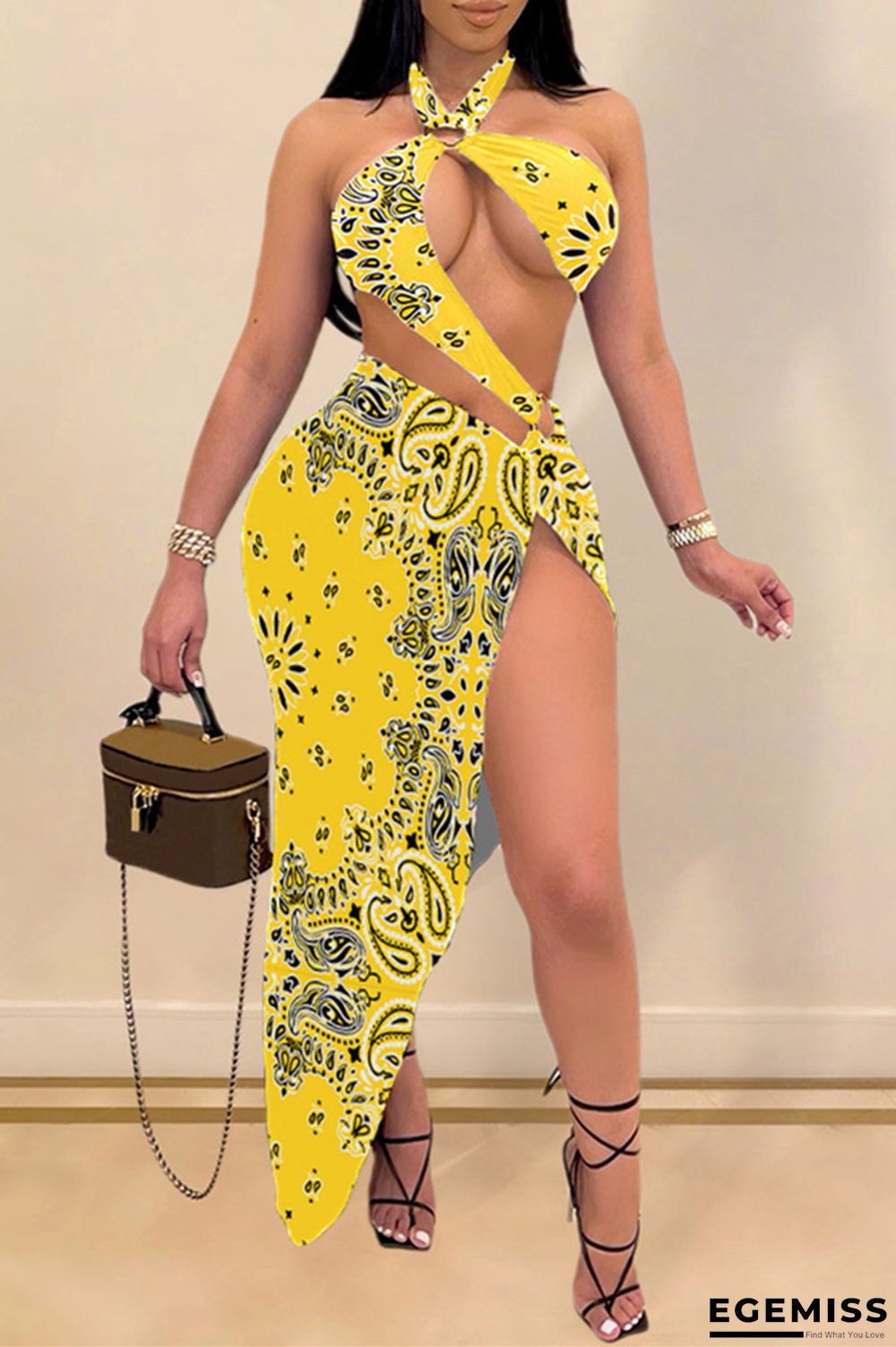 Yellow Fashion Sexy Print Hollowed Out Backless Swimwears Set | EGEMISS