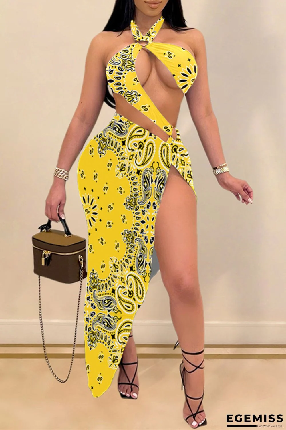 Yellow Fashion Sexy Print Hollowed Out Backless Swimwears Set | EGEMISS